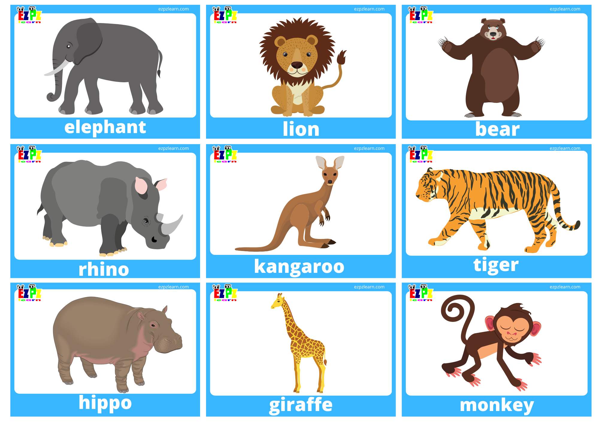 Wild Animal Flashcards With Words  use online or free PDF download Includes: elephant, lion, giraffe, tiger, zebra, monkey, kangaroo, rhino, hippo, bear, panda, alligator, snake, wolf, frog, fox, frog,  gorilla, koala, and lizard,